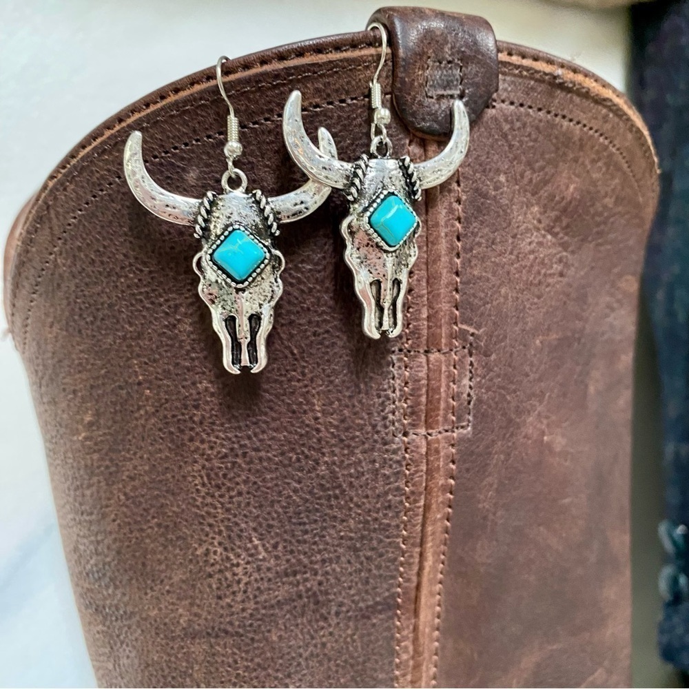 Boho western horn earrings w vintage spell gypsy cowboy/Navajo/Pendleton… - Picture 11 of 15
